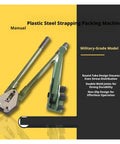 Heavy Duty Manual PET Strapping Machine With Reinforced Steel Banding Tool Tensioner, military-grade model, close-up view.