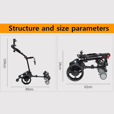 Foldable Smart Electric Golf Cart With Automatic Following Tech and Killer Stability for a smooth course roll, showing size parameters.