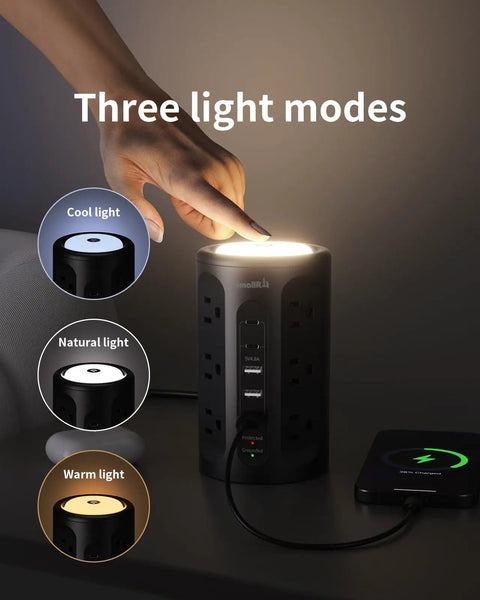 Power Strip Tower All In One Charging Station with 12 AC Outlets and 5 USB Ports Plus Night Light with three light modes.