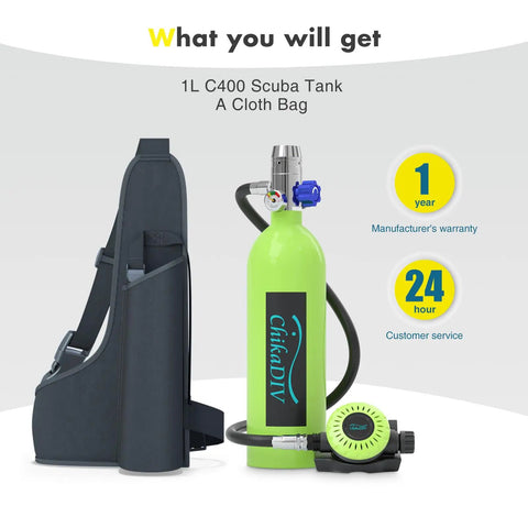 1L Mini Scuba Tank For Adults, Portable Dive Cylinder with carry bag, regulator, 200 Bar pressure, green color, emergency gear