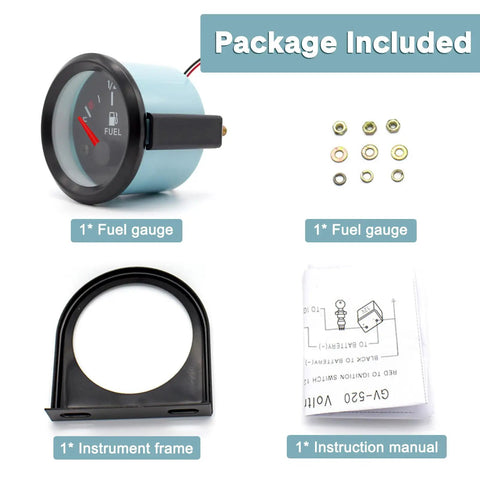 2 Inch Universal Fuel Gauge Kit With LED Backlight Red Pointer Fuel Level Meter For Boats Cars Trucks And Everyday Rigs DC 12V Fuel Tank Gauge Durable ABS Shell For Rugged Use package contents
