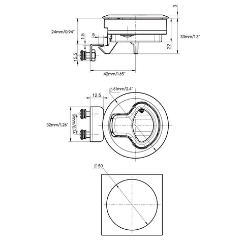 Technical diagram of 2.4 Inch Flush Pull Slam Latch Round Door Locking Handle For Boats And Cabinets Deck Locker Beefy Black Metal
