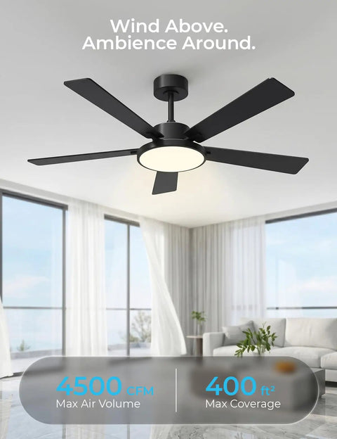 Boost Your Room Chill Level With This 52 Inch Smart Ceiling Fan featuring four black blades and dimmable LED light in a modern living space.