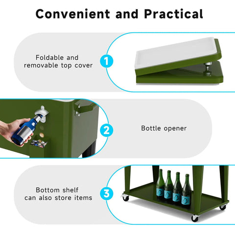 80 Quart Rolling Cooler On Wheels For Outdoor Patio Parties And Bar Events With Bottle Opener Drain Plug And Built In Shelf Green