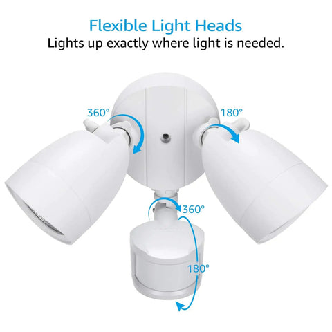 Motion Sensor LED Flood Light With Dual Adjustable Heads For Outdoor Security No Fuss Waterproof IP65 1400 Lumens At 3000K Warm White Dusk To Dawn Four Modes ETL Listed Easy Install showing adjustable heads detail