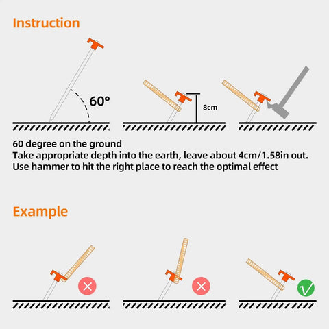 Instruction diagram for Heavy Duty Tent Stakes 12 Pack 7 Point 1 Inch Non Rust Metal Ground Stakes with correct hammering angle