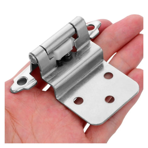 Metal flush mount concealed cabinet hinge with soft close damper for quiet doors, held in hand, showing self-closing mechanism.
