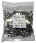 Front view of No 8 By 1 Inch Stainless Steel Pan Head Sheet Metal Screws Full Thread Phillips Drive Bright Finish Self-Tapping 100-Piece Pack