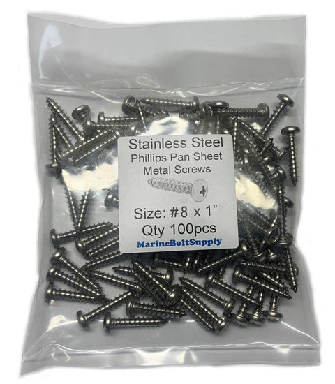 Front view of No 8 By 1 Inch Stainless Steel Pan Head Sheet Metal Screws Full Thread Phillips Drive Bright Finish Self-Tapping 100-Piece Pack