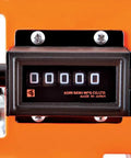Close-up of Easy Read Mechanical Counter on Heavy Duty Metal Frame Measuring Wheel With Dual Scale Hub for Construction Sites.