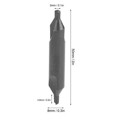 Saluaqui 10 Piece HSS Center Drill Bit Set For Lathe And Milling Machines High Speed Steel Precision Ground Indexable Tips shown measuring 3mm x 50mm.