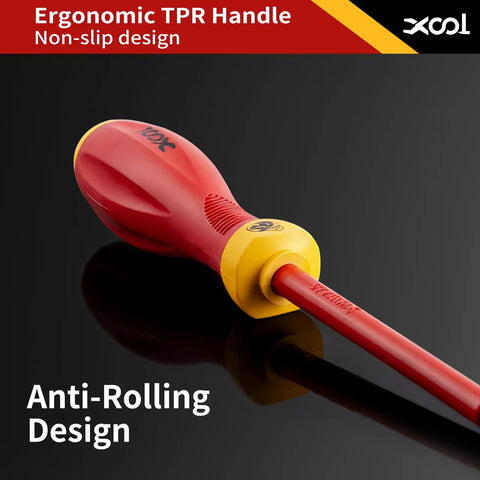 Close-up of ergonomic red handle of Pro Grade 1000V Insulated Electrician Screwdriver Set 8 Piece With Magnetic Tips