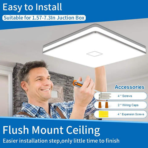 Man installing Square LED Ceiling Light 24W 2050LM Flush Mount 12.8 Inch Waterproof IP44 No Flicker 80Ra Plus 5000K Cold White