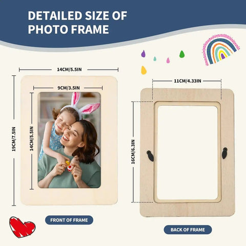 Picture Frame Painting Craft Kit For 4x6 Photos, 10 Unfinished Wooden Frames, detailed front and back view with dimensions.