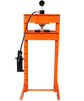 Front view of 30 Ton Hydraulic Shop Press With Adjustable H Frame And Gauge, Dual Pump, Steel Construction, Garage Grade for auto repair projects in orange.