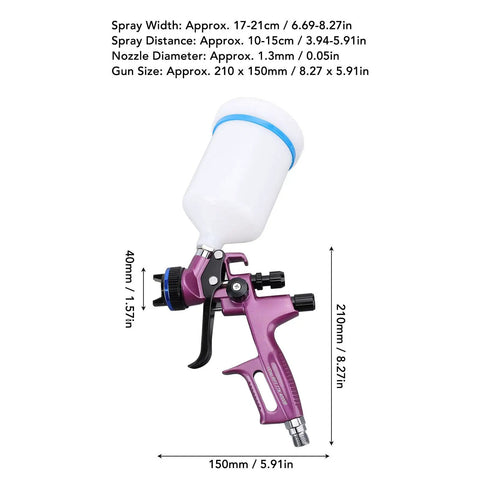 Professional Grade Pneumatic HVLP Spray Gun Kit With 1.3Mm Tip And 600Ml Cup for furniture painting, with measurements and design details.
