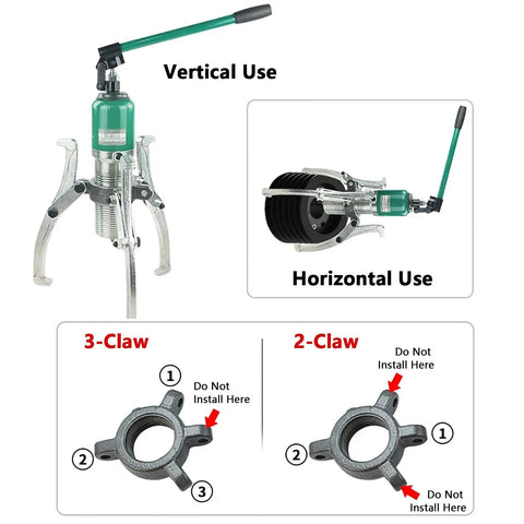 Thinking Process: hydraulic 3-claw gear puller set, vertical and horizontal use, forged steel, with handle