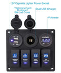 All In One 4 Gang Waterproof Marine Rocker Switch Panel With 12A 24V Capacity, Dual 2.1A USB Fast Chargers, Digital Voltmeter And Cigarette Lighter Socket, Perfect for Pontoon Boats, RVs, Trucks, ATVs And UTVs. Black aluminum panel with four rocker switches, USB ports, voltmeter and 12V socket