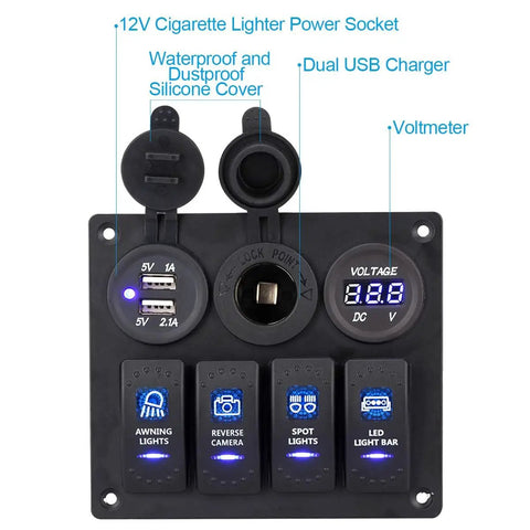 All In One 4 Gang Waterproof Marine Rocker Switch Panel With 12A 24V Capacity, Dual 2.1A USB Fast Chargers, Digital Voltmeter And Cigarette Lighter Socket, Perfect for Pontoon Boats, RVs, Trucks, ATVs And UTVs. Black aluminum panel with four rocker switches, USB ports, voltmeter and 12V socket