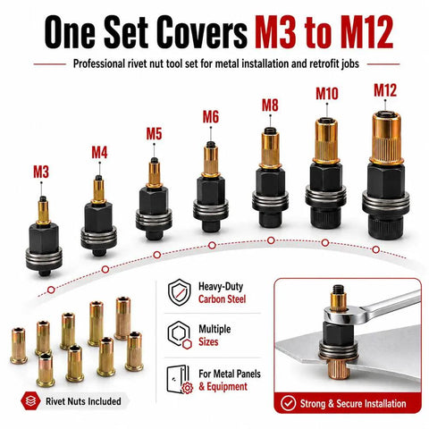 Rivet Nut Tool Kit M3 To M12, Heavy Duty Set With Carbon Steel Construction, Includes M3 To M12 Threaded Inserts For Strong, Ready To Use Holes, Ideal For Metal Fabrication, Repairs, And Assembly Projects. M3-M12 carbon steel rivnut set with inserts and mandrels