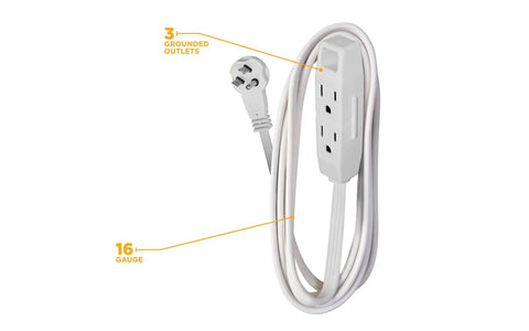 Slimline Flat Plug Extension Cord 6 Foot 16 Gauge 3 Conductor 3 Outlet Indoor White Wall Saver For Lamps Clocks And More