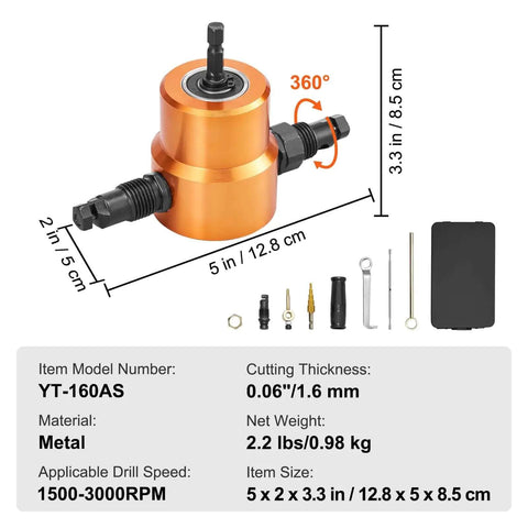 Double Head Sheet Metal Nibbler Cutter With 360 Degree Drill Attachment showing dimensions and accessories.