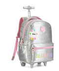 17 Inch Water Resistant Wheeled Laptop Backpack With Convertible Rolling Bag Design in silver and pink accents, front view