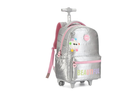 17 Inch Water Resistant Wheeled Laptop Backpack With Convertible Rolling Bag Design in silver and pink accents, front view