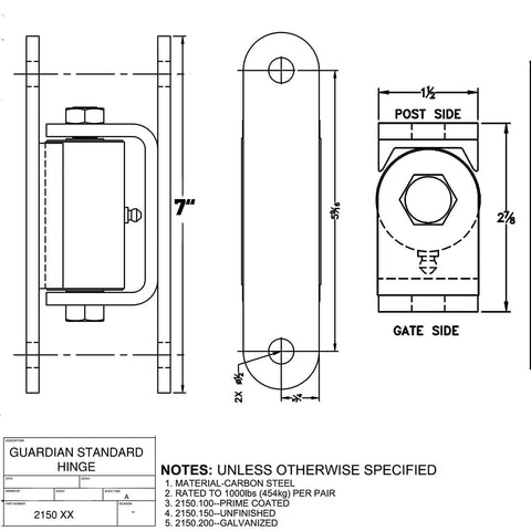 Technical drawing of 7 Inch Heavy Duty Gate Hinges With Grease Zerk Lubricable Bearings For Bolt Or Weld On Gates Up To 1000 Lbs Black.