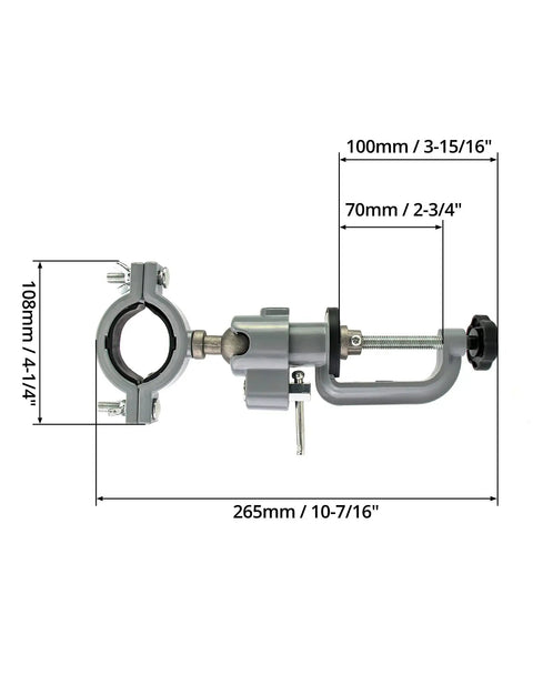 Sturdy Aluminum Alloy Bench Vise Clamp With Breezy 360 Spin And Quick 45 Degree Tilt for secure grip on tools, dimensions visible.