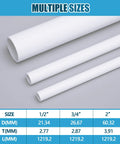 Three sizes of white PVC pipes on display with measurements, showing a focus on Four Pcs One Half Inch PVC Pipe Sixteen Inch Long.
