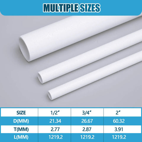 Three sizes of white PVC pipes on display with measurements, showing a focus on Four Pcs One Half Inch PVC Pipe Sixteen Inch Long.