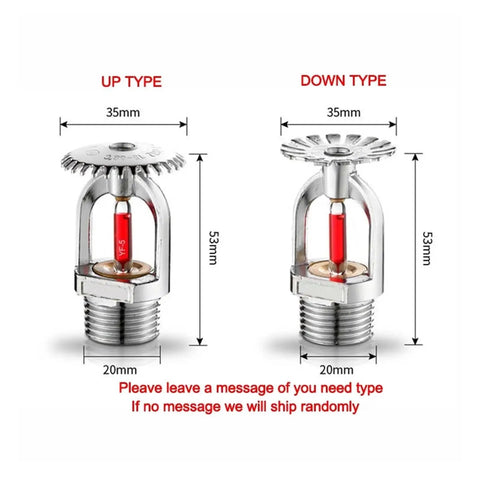 Five Piece Set Heavy Duty Downward Fire Sprinkler Heads Offering Automatic Spray Action For Quick Sixty Eight Degree Activation And No Fuss Plug And Play Commercial Or Residential Upgrades showing two types with dimensions.
