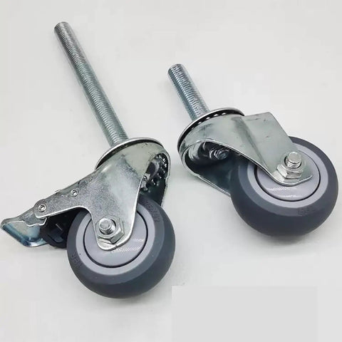 Rock Solid 3 Inch Swivel Caster Wheels With Brake And M12 Threaded Stem Built Like A Tank For 650 Lbs displayed at an angle on a white background.