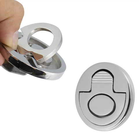 Hidden Cabinet Pulls 2 Inch Flush Ring Handles In 316 Stainless Steel Recessed Mount, shown in hand and front view