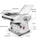Versatile Electric Noodle Maker And Heavy Duty Pasta Machine With Three Quick Swap Blades labeled dimensions and features for home kitchen use.