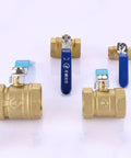 Heavy Duty Solid Brass Ball Valve With Double Internal Thread One Point Five Inch Straight Through Shut Off For Plumbing Lines, shown from multiple angles.