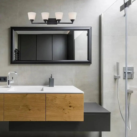 Four Light Vanity Light Fixture With Satin White Glass And Brushed Nickel Finish, Transitional Bathroom Wall Mount, 34 Inch Wide