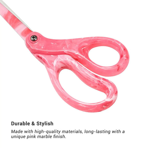 Pro Grade All Purpose Scissors 8 Inch Heavy Duty Shears Gradient Pink Handles For Office Home Projects And Crafts Ergonomic Grip Stainless Steel Blades For Precise Clean Cuts And Everyday DIY Use, pink marble handle close-up
