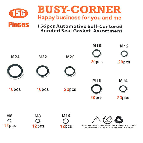 Bonded Seal Set With Self Centering Gasket Assortment For Automotive Use, 156 Piece Metric Seal Kit Pro Grade from M6 to M24