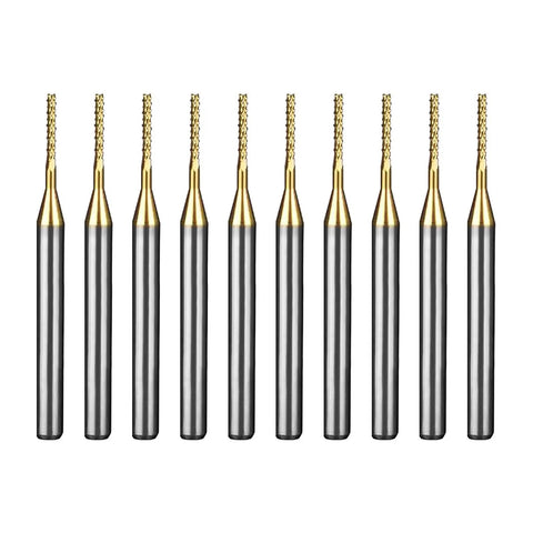 Ten Piece TiN Coated Solid Carbide End Mill Set For PCB Engraving And CNC Router Bits, Pro Grade, 0.6mm Cutting Diameter