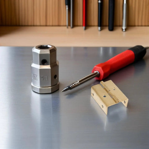 Heavy Duty Metal Cabinet Hinges for Corner Cabinets with 180 Degree Opening, Four Fold Door Hinges on a workbench with tools