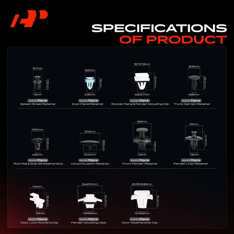 Honda CR-V 2002-2011 Grab-and-Go 230 Piece Car Body Must-Have Fastener Kit product specifications chart