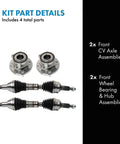 4 Piece Front Cv Axle And Front Wheel Bearing Hub Assemblies Kit For 2015 To 2022 Chevrolet Colorado And 2015 To 2022 GMC Canyon 4x4 Compatible Direct Fit With Diy Video Guides