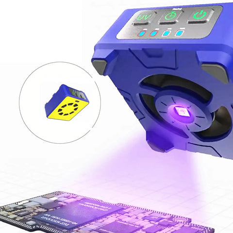 Compact High Efficiency Light Curing And Cooling Fan for quick adhesive drying on phone circuit board, close-up view.