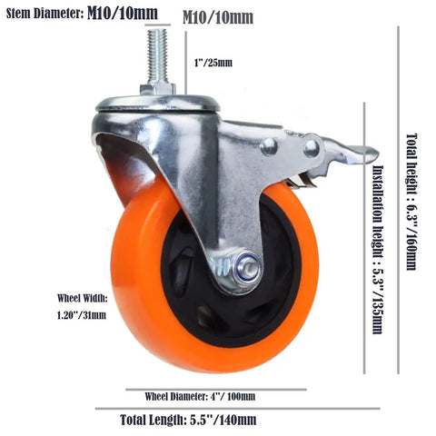 Heavy Duty Four Inch Orange Stem Caster Wheels M10 Thread Dual Locking Swivel For Workbench Dolly Furniture Rolls Slick Without A Sound With Zero Floor Scuffs Pack Of 4 Heavy Hitter Casters