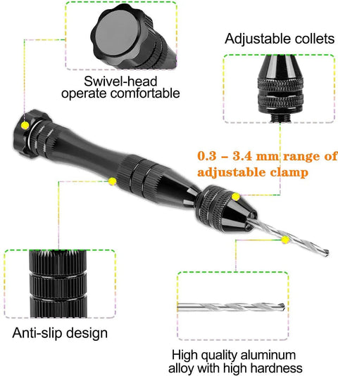 Black 32 Piece Pin Vise Hand Drill with adjustable collets and anti-slip design, ideal for jewelry making and mini crafting kit use.