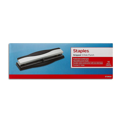 Heavy Duty 3 Hole Punch For Office Paper on packaging, High End Adjustable Desktop Punch, 15 Sheet Capacity, Sleek Black and Silver Finish