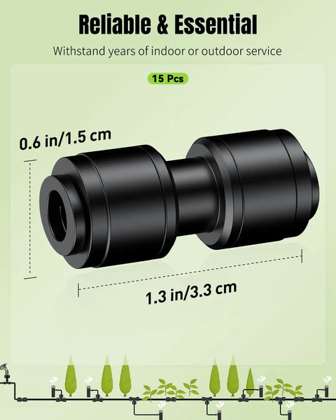 Detailed diagram of 15 Piece Quick Connect Drip Irrigation Coupling Set, highlighting 0.6 inch by 1.3 inch size, black finish.