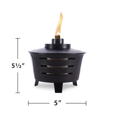 Mini Fire Pit Tabletop Torch 5-inch height and diameter, black metal with flame, long-lasting wick, outdoor decor set.